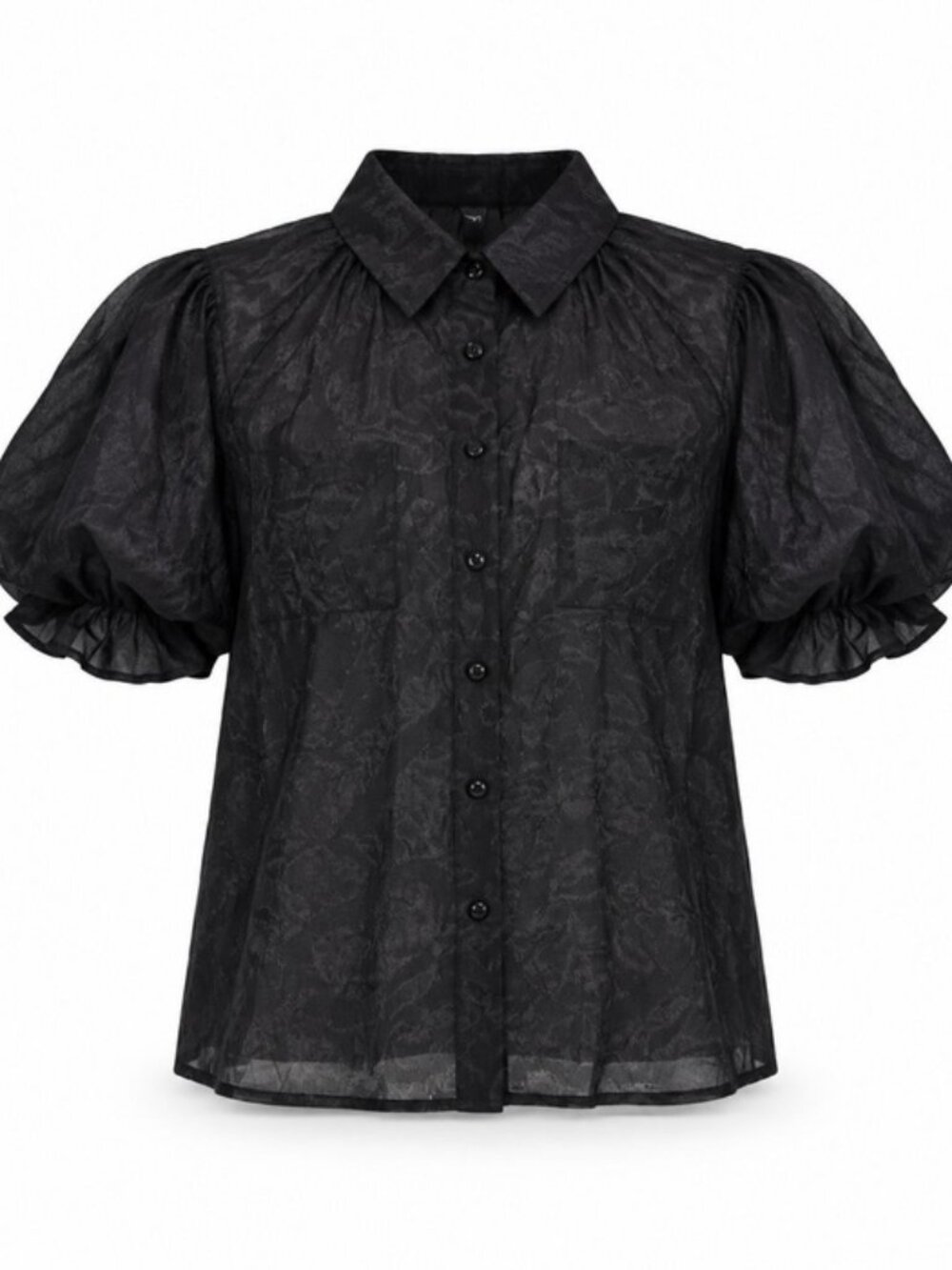 Dazy Black Jacquard Puff Sleeve Button-Front Blouse | XL